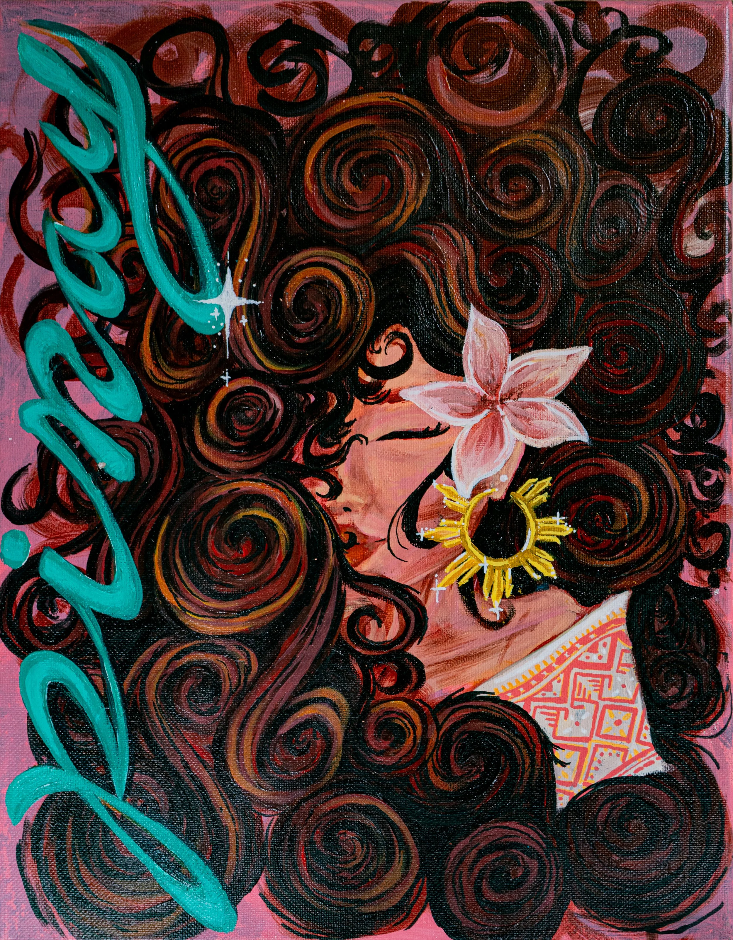 Abstract acrylic painting with swirling black and burgundy patterns, turquoise strokes, pink floral shapes, and gold geometric accents.