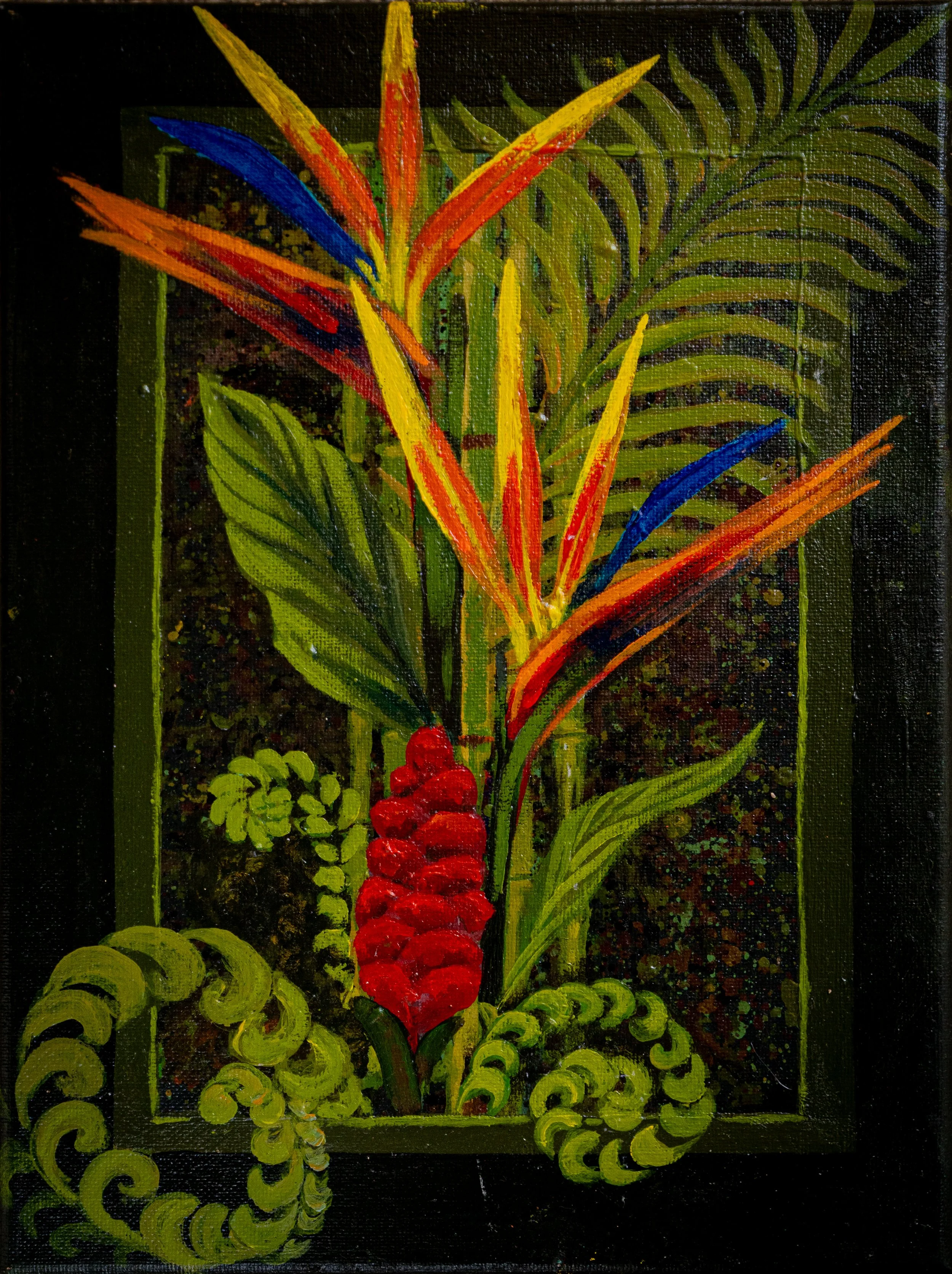 Colorful botanical painting featuring a red tropical flower, long green leaves, and vibrant orange, yellow, and blue foliage on a dark background.