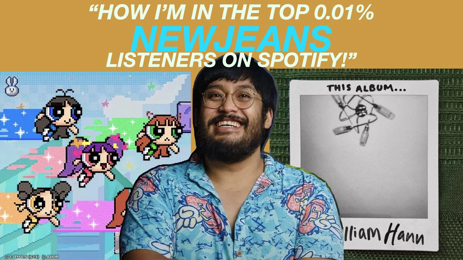YouTube-style graphic featuring a smiling man in glasses and a colorful shirt, pixel-art characters, an album cover, and text reading “How I’m in the top 0.01% NewJeans listeners on Spotify!”