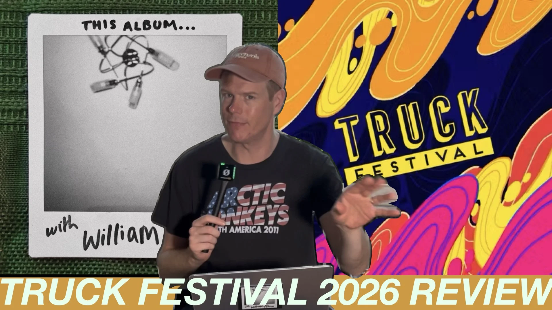 Man holding a microphone in front of artwork and colorful Truck Festival 2026 review graphics