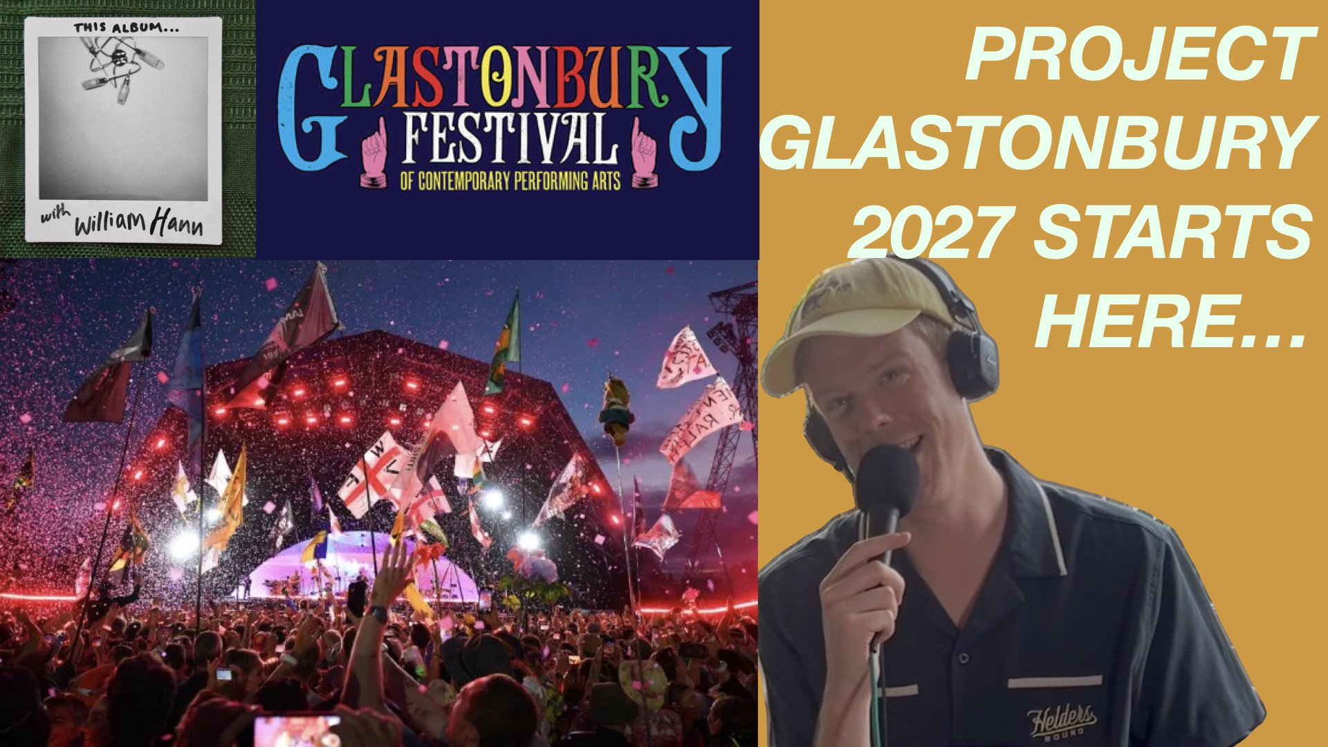 Promotional collage for Project Glastonbury 2027 featuring the Glastonbury Festival logo, a cheering festival crowd, and a man wearing headphones and speaking into a microphone.