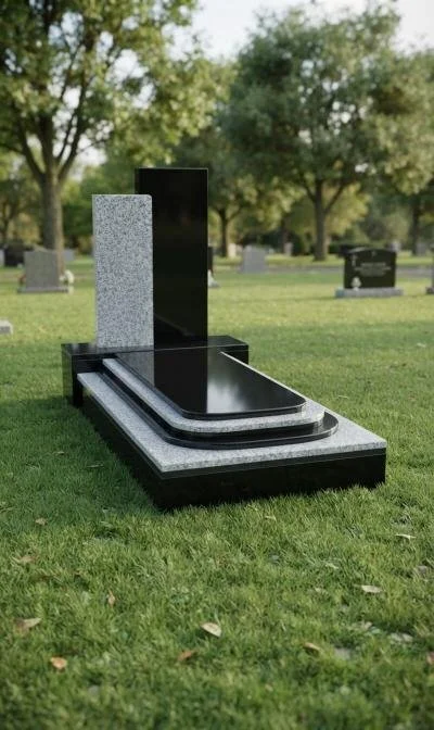 Polished black and gray granite gravestone monument in a landscaped cemetery