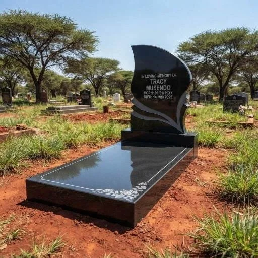 Black granite gravestone for Tracy Musendo in a red-soil cemetery surrounded by acacia trees and grass
