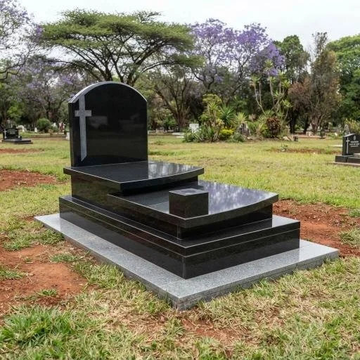 Polished black granite tombstone and raised burial monument in a landscaped cemetery