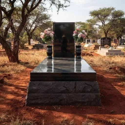 Polished black granite grave monument with pink flower arrangements in a tree-lined cemetery