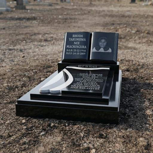 Black granite cemetery headstone with an engraved portrait, memorial inscription, and white dove on a grave in a dirt cemetery