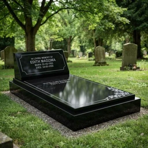 Polished black granite grave monument for Edith Mazam in a tree-lined cemetery