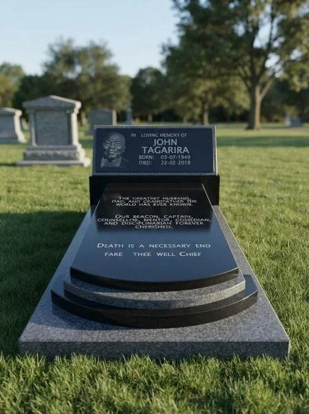 Black granite gravestone for firefighter John T. Tagart in a cemetery, with engraved memorial text and portrait.