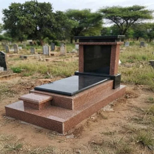 Polished granite tomb in a grassy cemetery with trees and weathered headstones