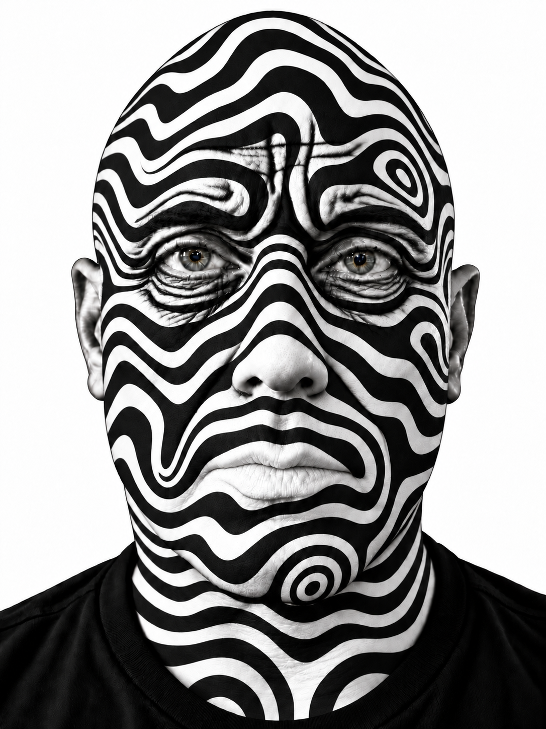 Bold black and white markings trace facial features and wrinkles, reflecting the passage of time, lived experience and ancient traditions of body marking.