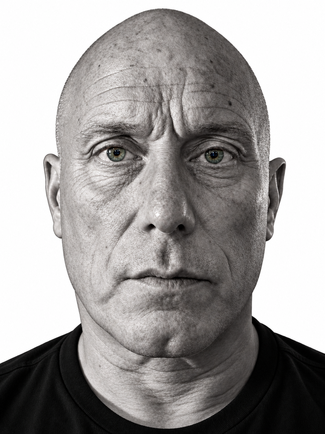 Original black-and-white photographic self-portrait, capturing the natural lines, wrinkles and contours of the face as the starting point for the Contours collection.