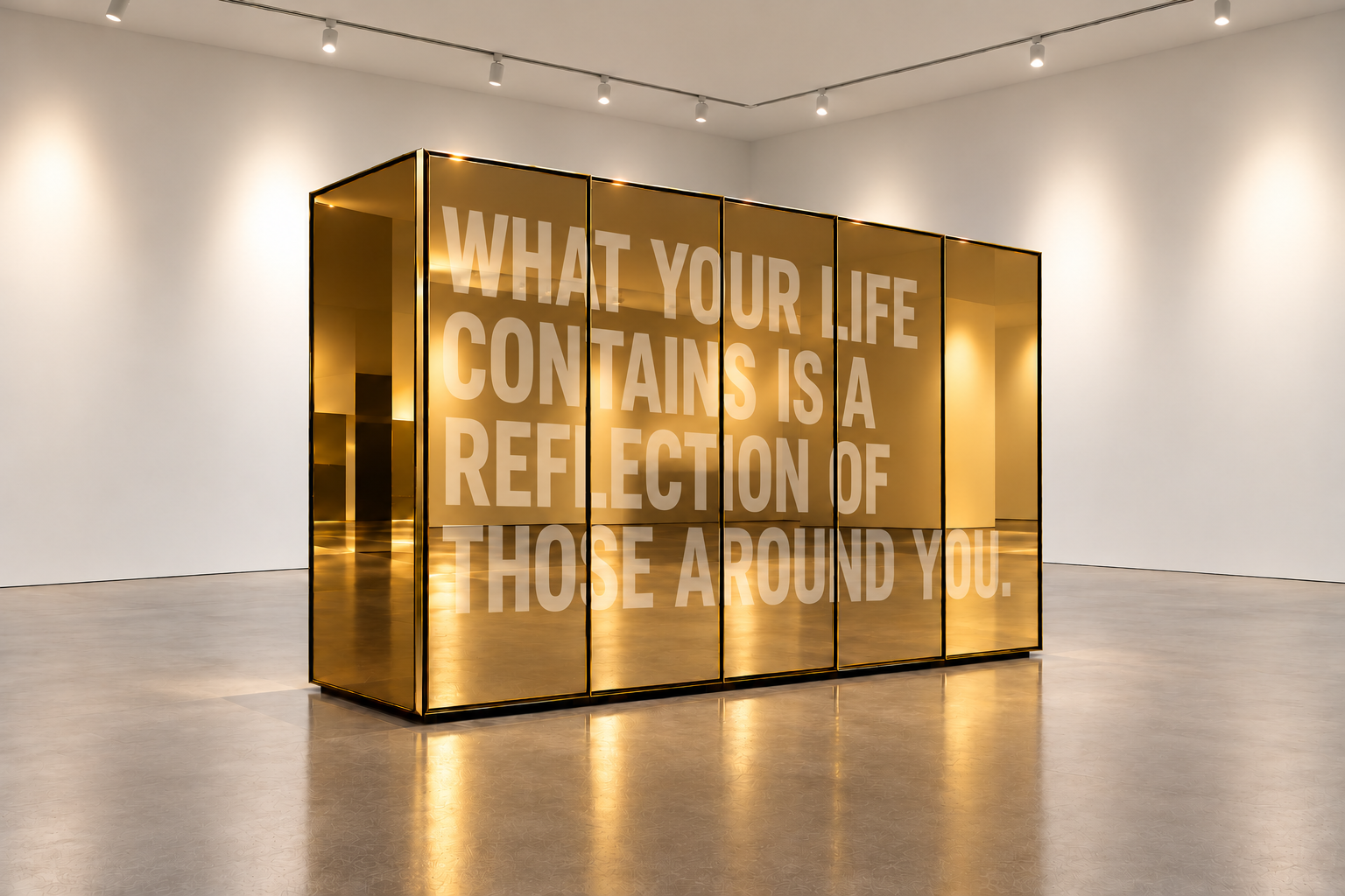 Development of Reflection 1. 1A is conceptual artwork by Joel Firth, originating from a dream. The original vision of a gold mirrored object is developed into a sculptural installation, incorporating the words “What your life contains is a reflection