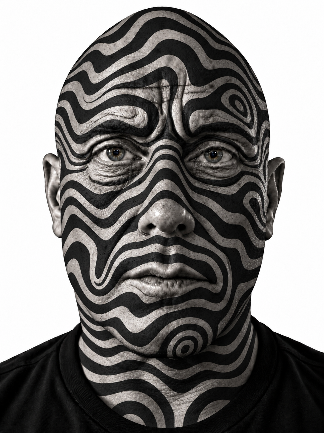 The topographical contours develop into bold black-and-white bands, transforming the self-portrait into an abstract study of facial markings inspired by ancient traditions of body art and identity.