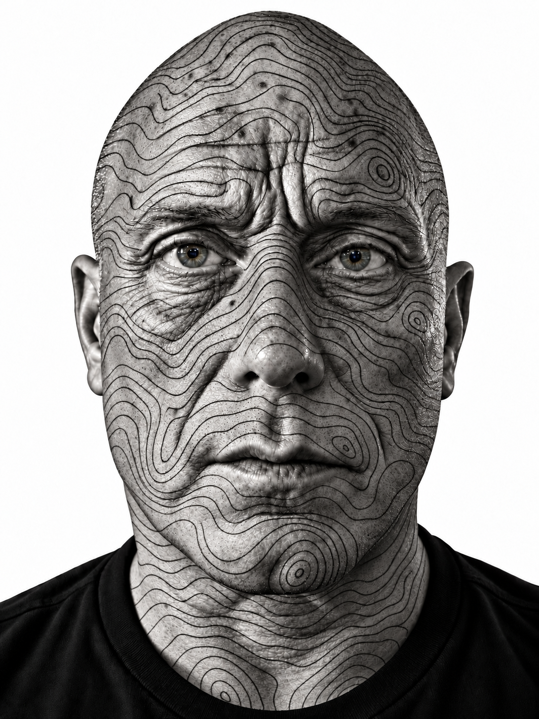 The original self-portrait overlaid with topographical contour lines, following the natural features and wrinkles of the face to explore the parallels between human experience and the landscape.