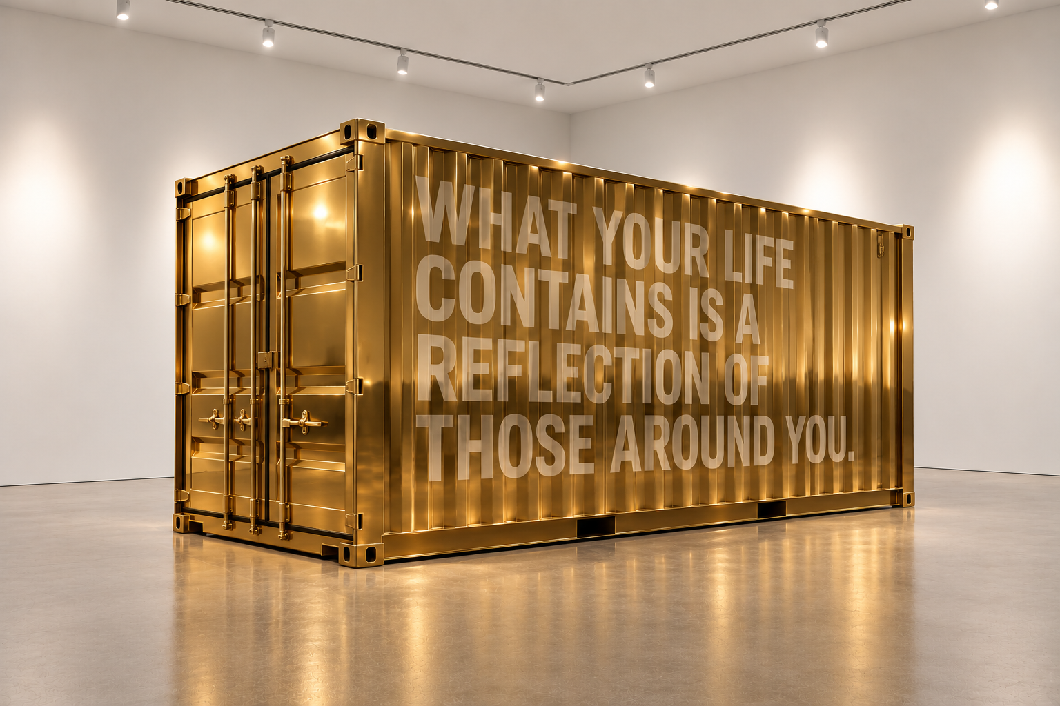 Development of Reflection 1. 1b is a gold mirrored shipping container explores how we accumulate and preserve personal objects, artefacts and possessions, often storing them away unseen. The reflective surface carries the words “What your life contai