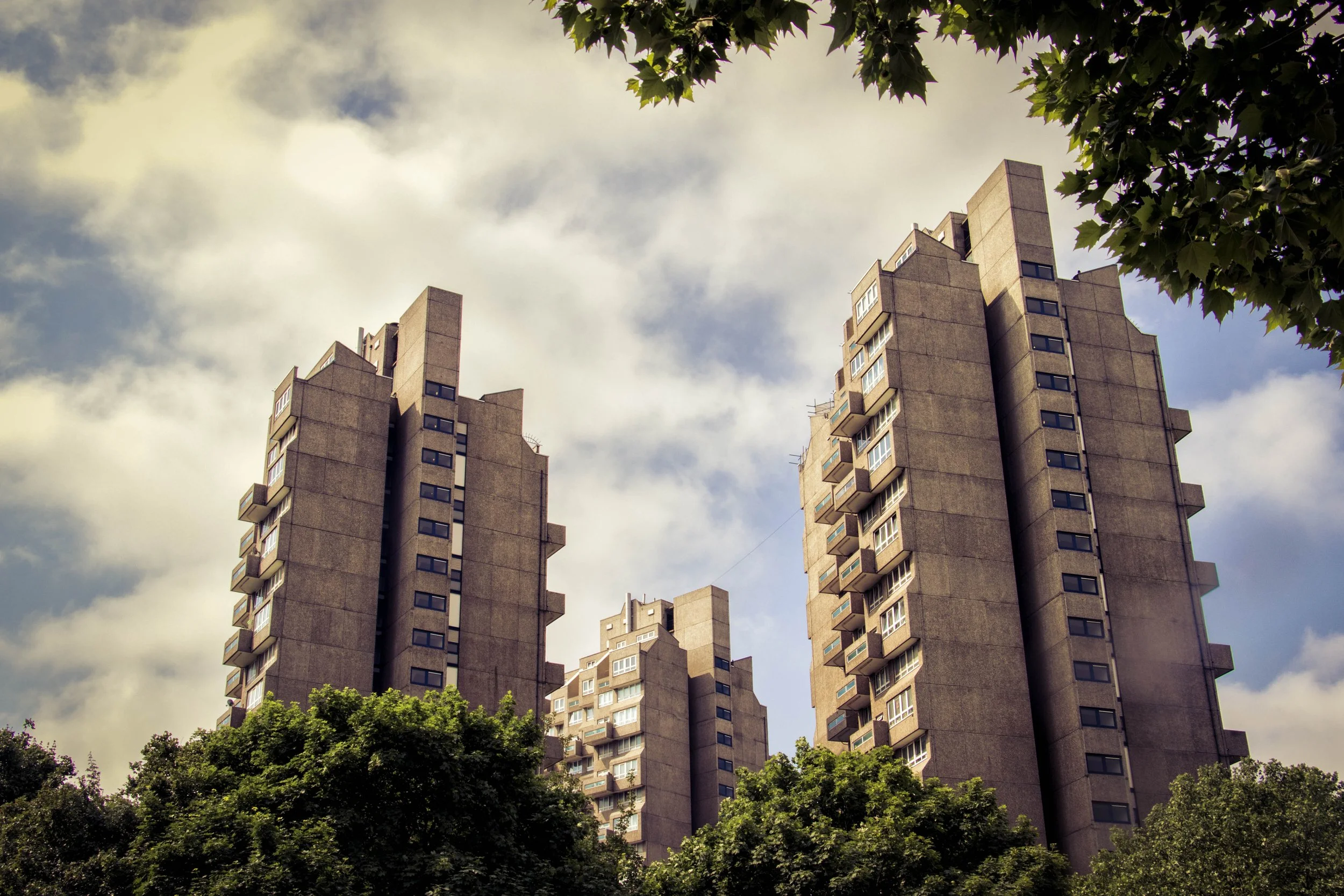 Brutalist high-rise apartment buildings surrounded by trees beneath a cloudy sky. Photo by Jon Rees.