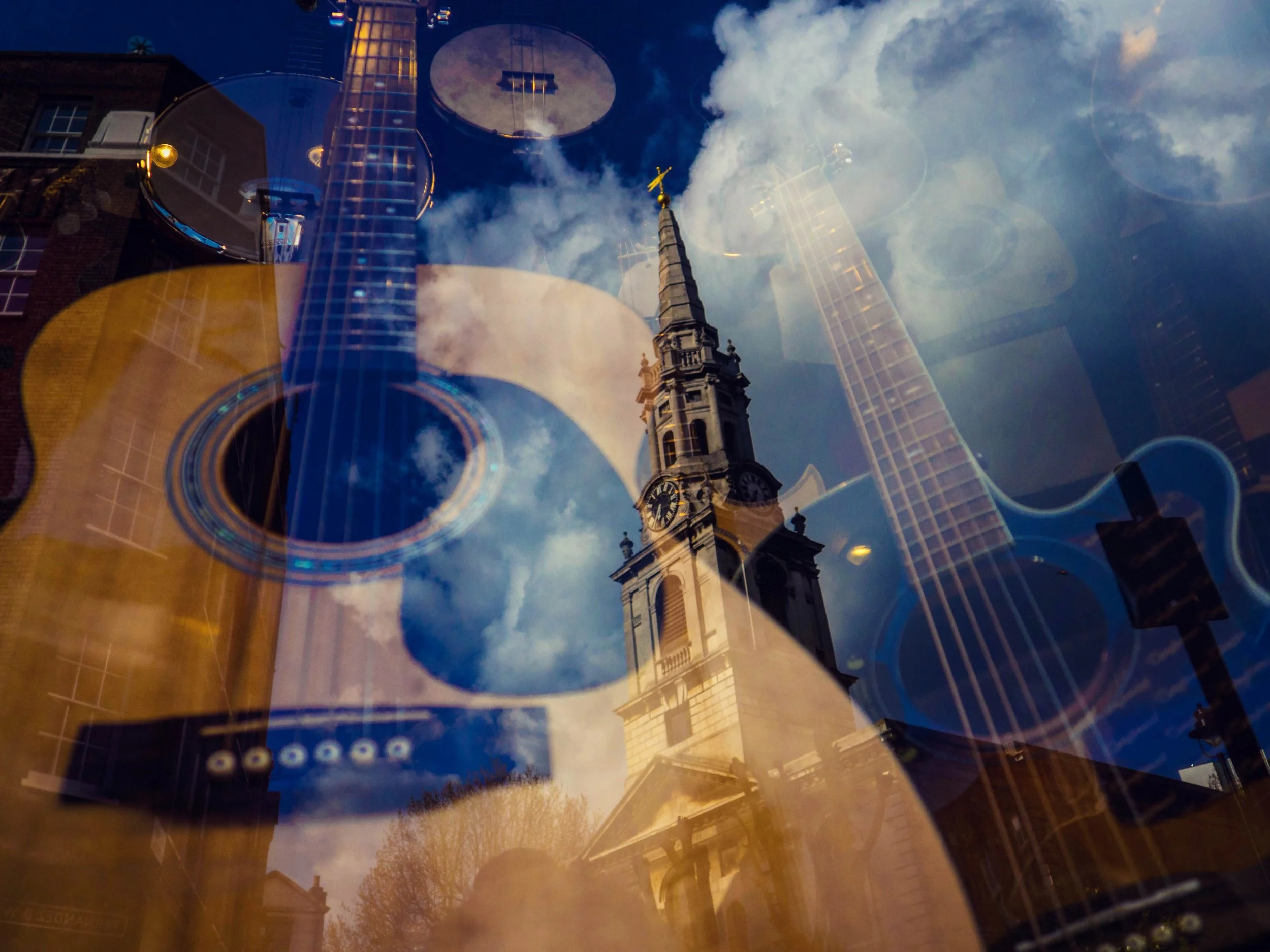 Artistic double exposure of London architecture, featuring a historic clock tower, modern skyscrapers, clouds, and colorful light trails. Photo by Jon Rees.