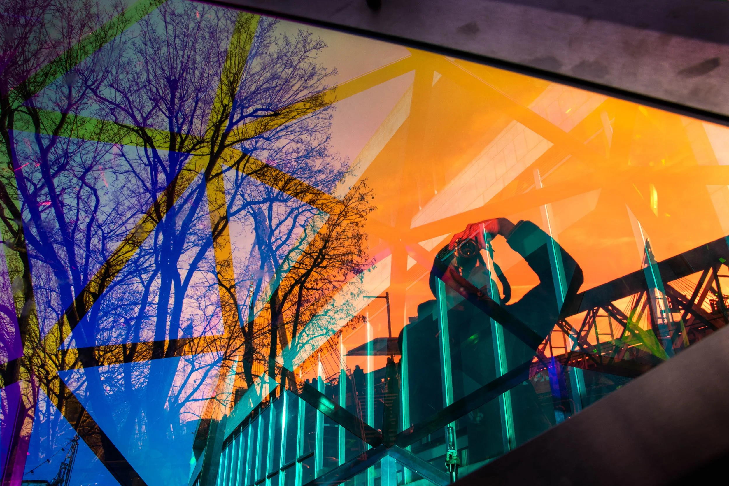 Abstract multicolored reflection of leafless trees, modern glass architecture, and a photographer taking a picture. Photo by Jon Rees.