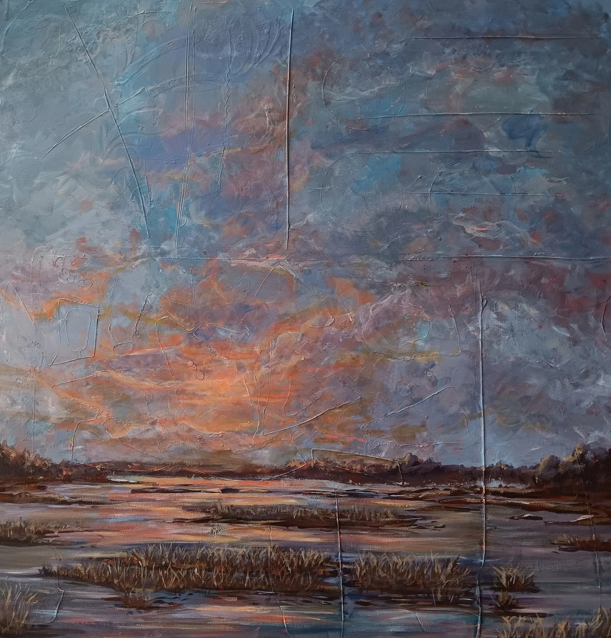 Sunset Swamp, acrylic on upcycled canvas