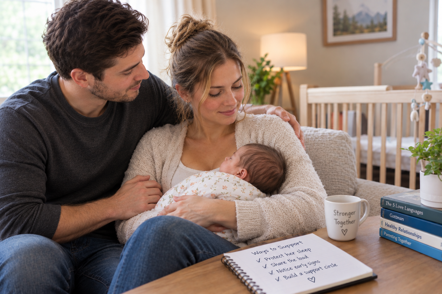Parents cuddling their newborn baby at home beside a crib, coffee mug, parenting books, and a handwritten support checklist.