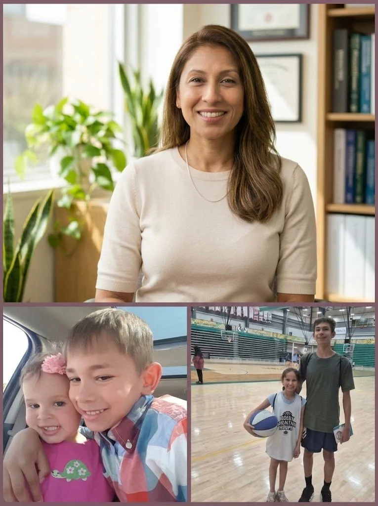 Collage featuring a smiling woman indoors, two children posing in a car, and two siblings with a basketball in a gym.
