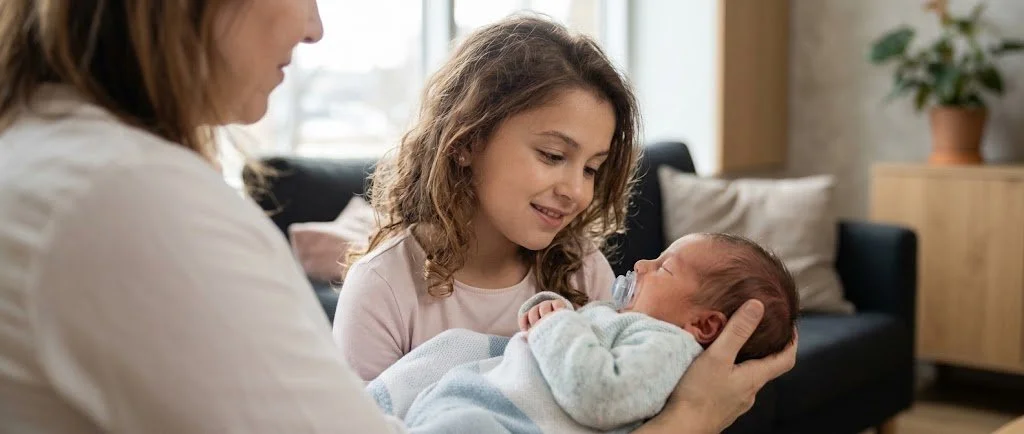 Young girl holding a sleeping newborn baby while an adult woman watches in a cozy living room
