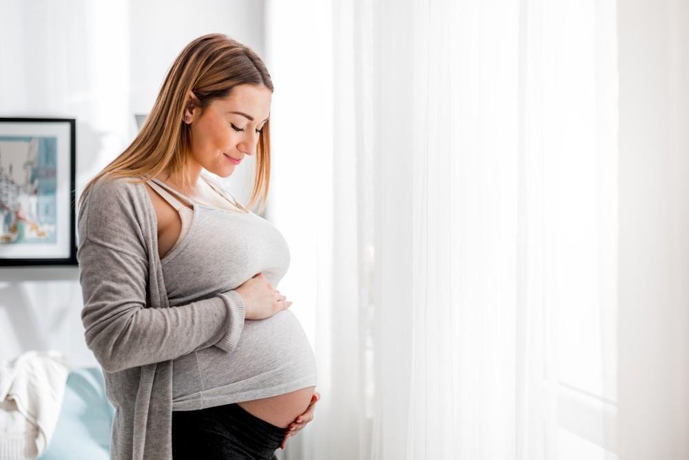 Pregnant woman gently holding her belly at home by a bright window