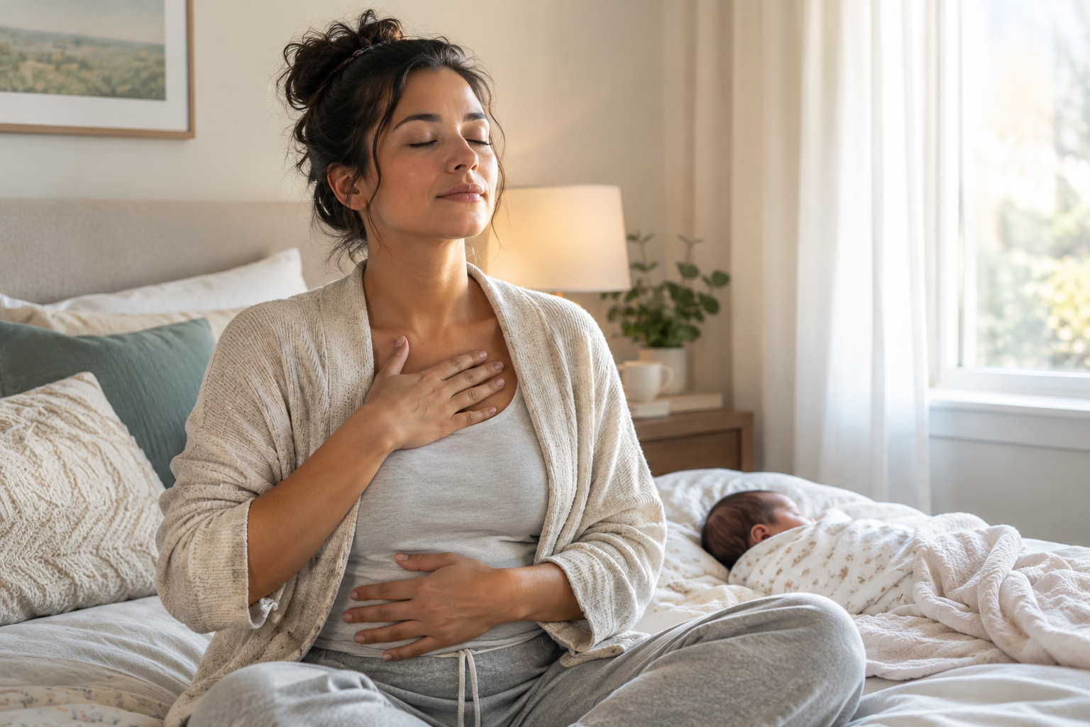 Woman sitting cross-legged on a bed with one hand on her chest and another on her abdomen, while a sleeping newborn rests nearby.