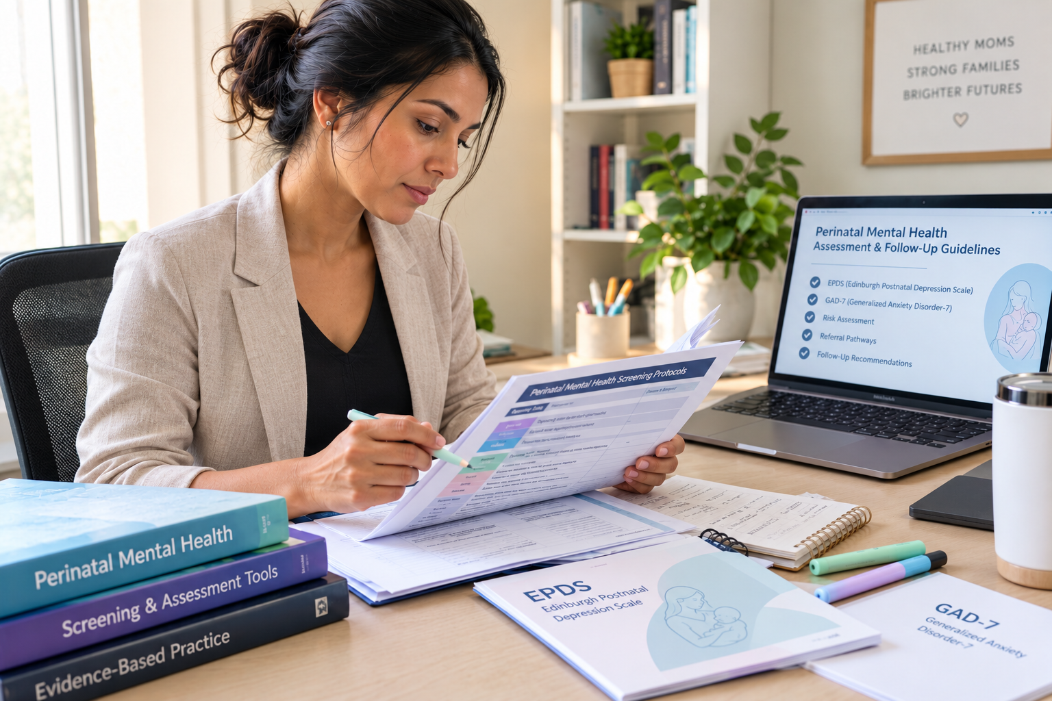 Healthcare professional reviewing perinatal mental health screening protocols beside a laptop displaying assessment and follow-up guidelines