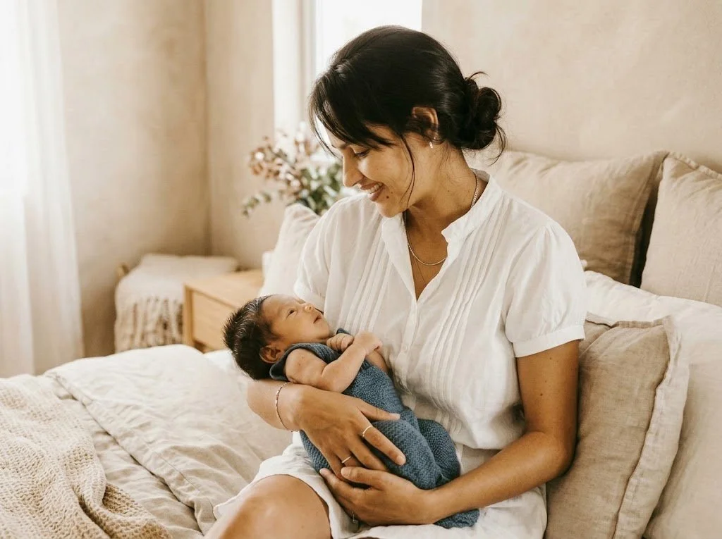 Smiling mother holding a newborn baby while sitting on a cozy bed at home