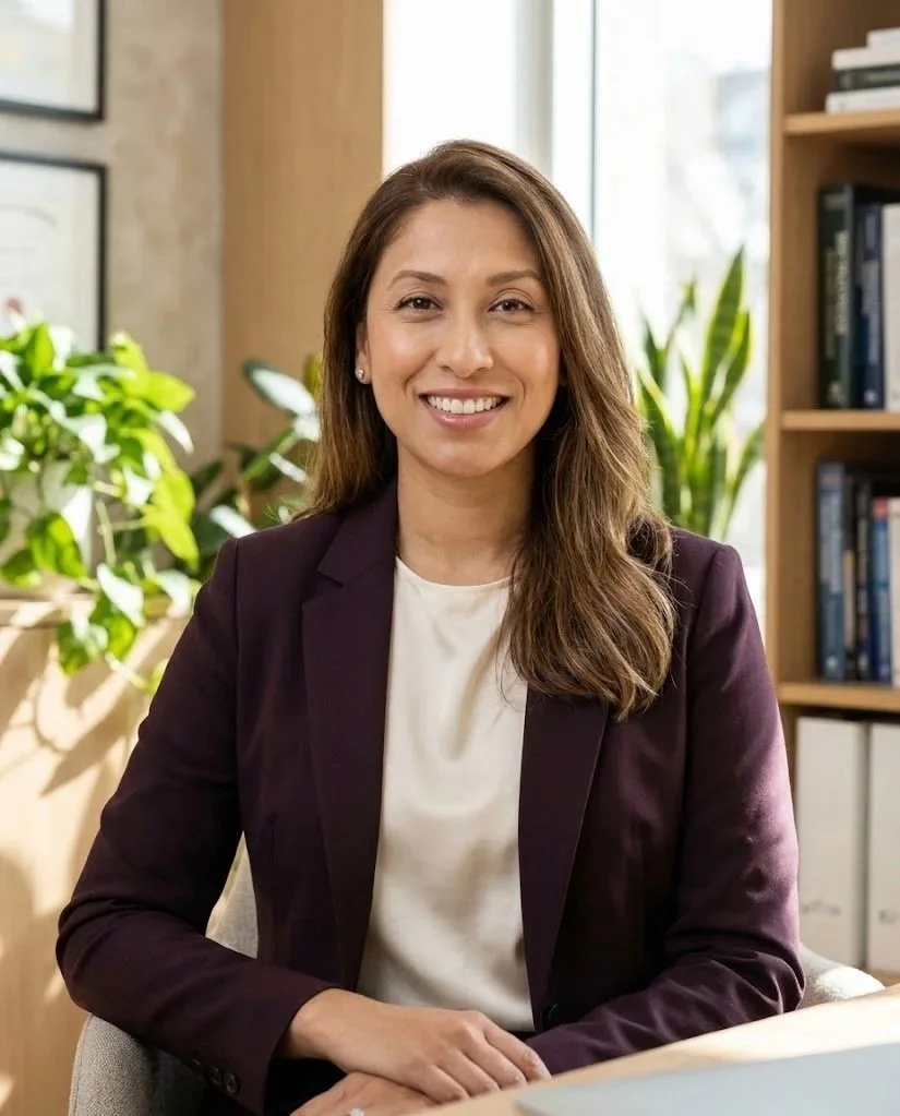 Professional woman smiling at a desk in a bright office with plants and bookshelves