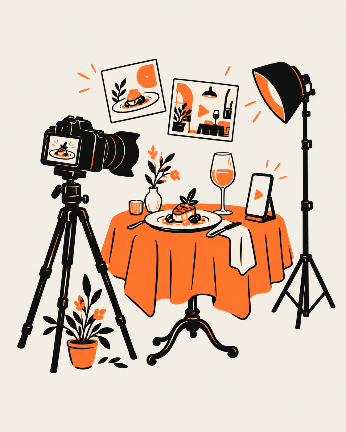 Illustration of a food photography setup with a camera on a tripod, studio light, plated dessert, orange tablecloth, wine glass, and smartphone.