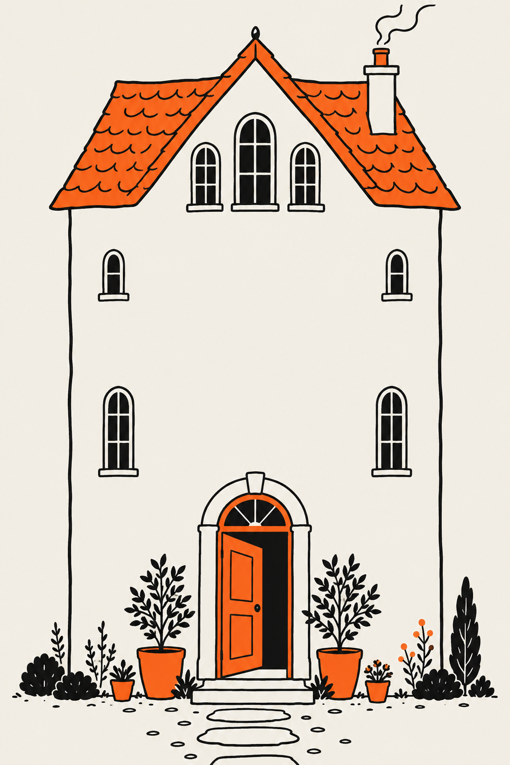 Illustration of a tall white house with an orange shingle roof, chimney, arched windows, open orange front door, potted plants, and garden shrubs