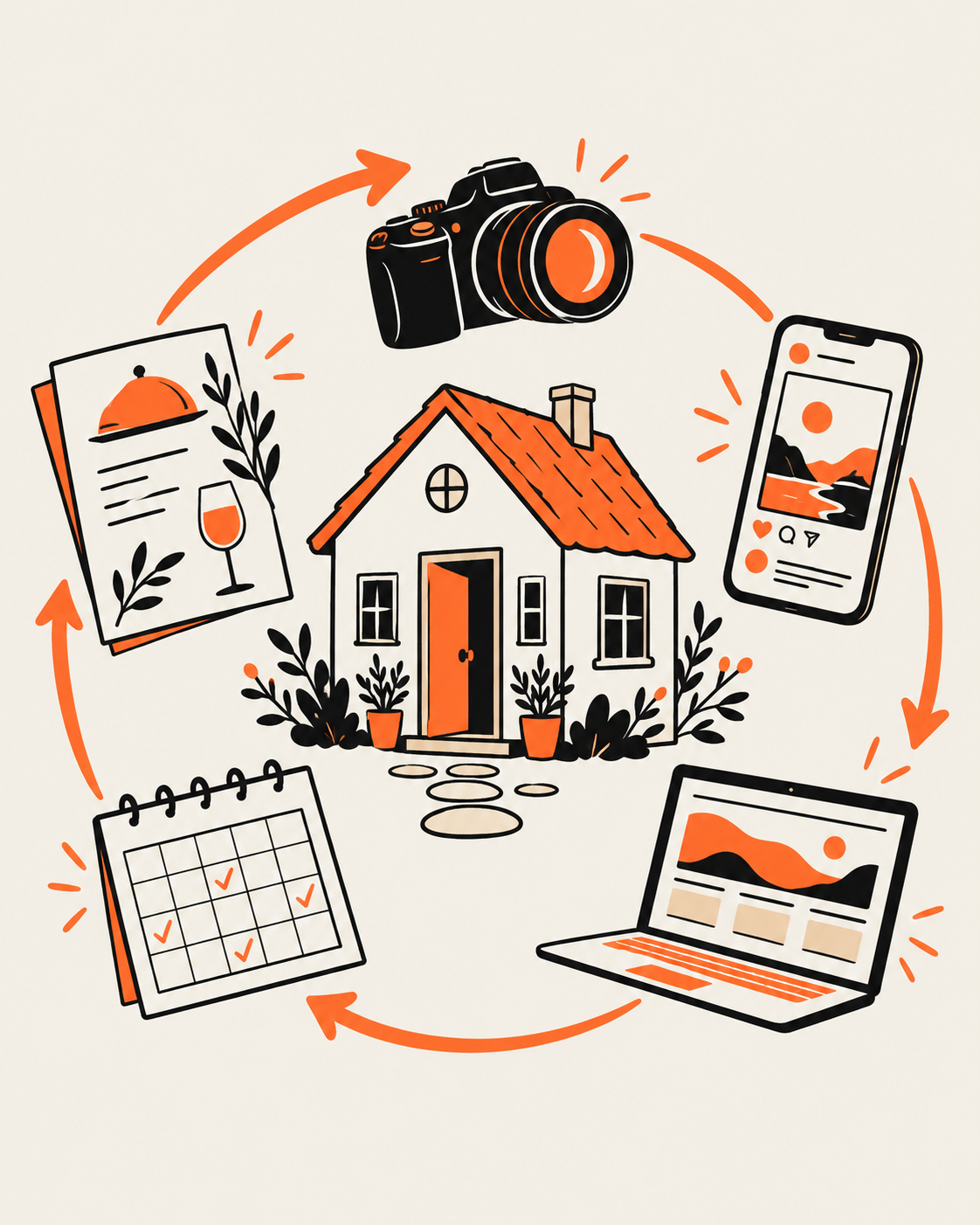 Illustration of a house surrounded by a camera, social media phone, laptop, calendar, and travel documents connected by orange arrows
