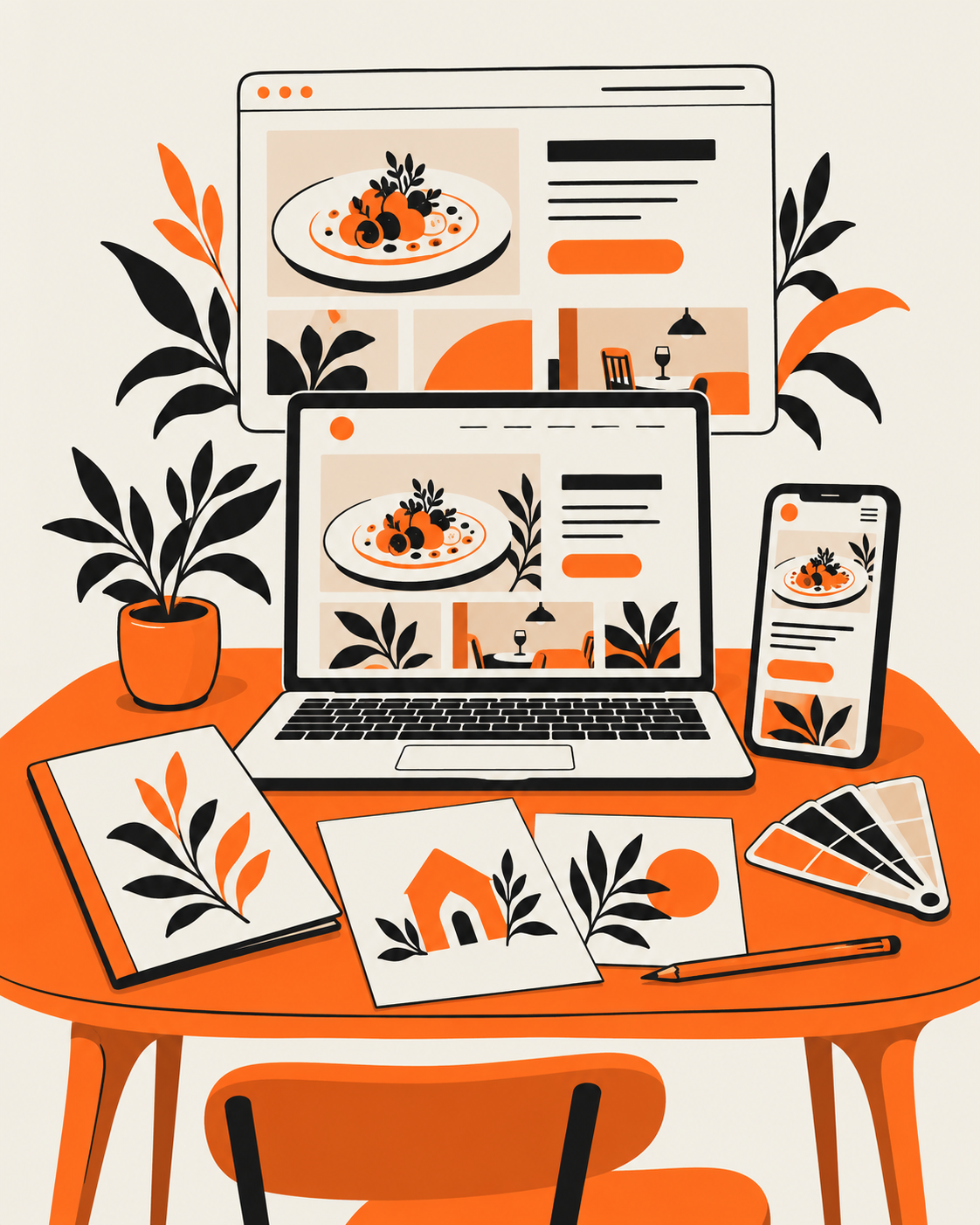 Illustration of a responsive restaurant website displayed on a desktop monitor, laptop, and smartphone, surrounded by branding sketches, color swatches, and a potted plant
