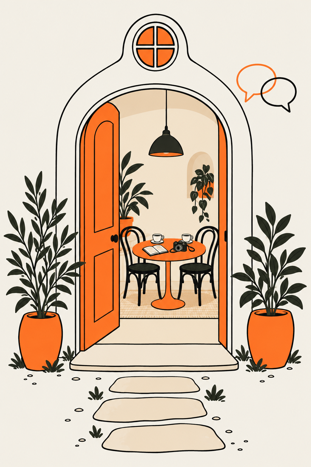 Illustration of an inviting arched café entrance with open orange door, potted plants, pendant light, and a small table set with coffee, books, and a camera