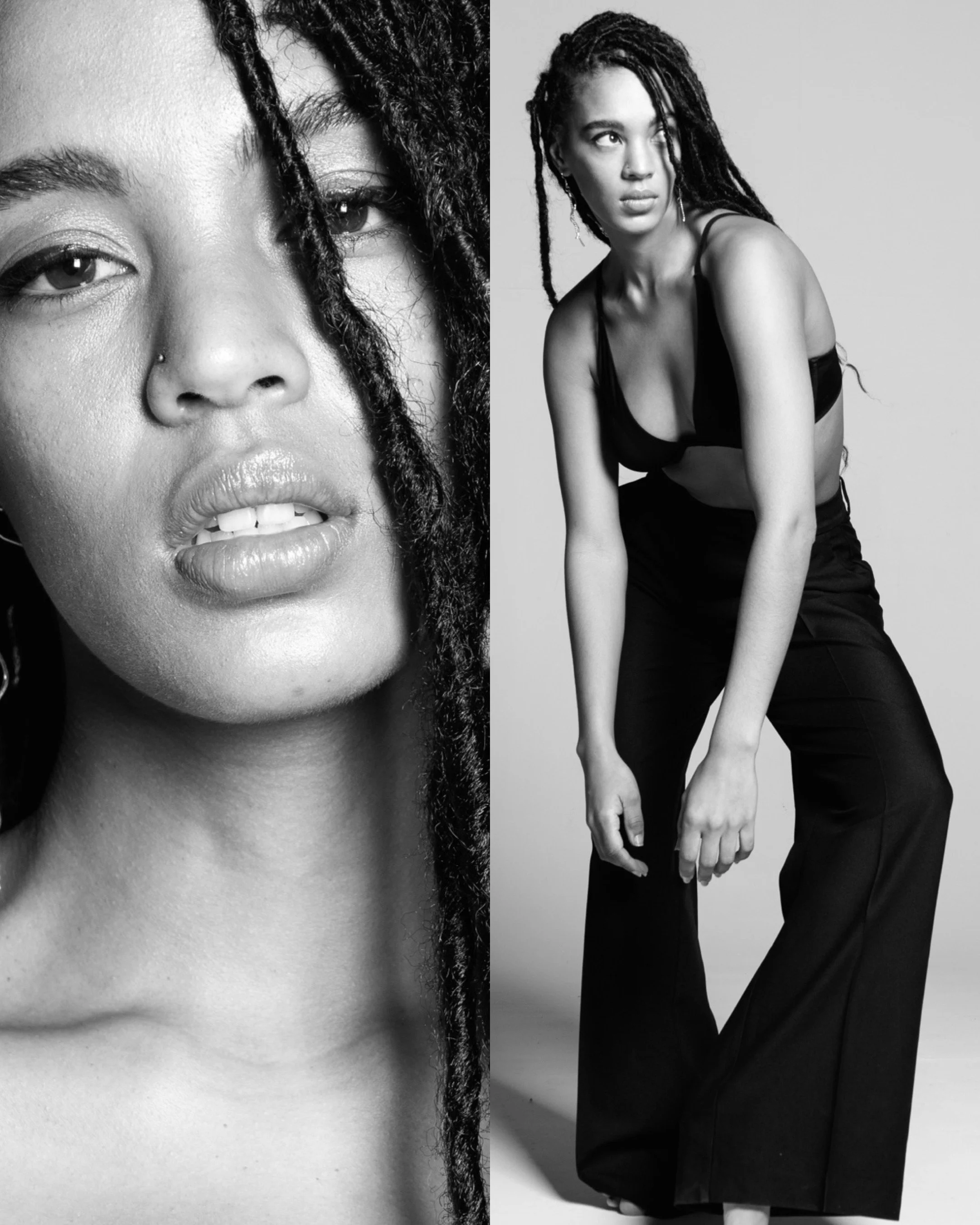 Trendy black and white image of model posing with natural makeup