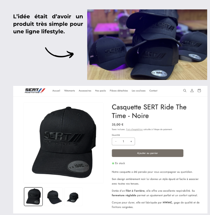 Casquette noire SERT Ride The Time avec logo brodé, présentée sur une boutique en ligne française.