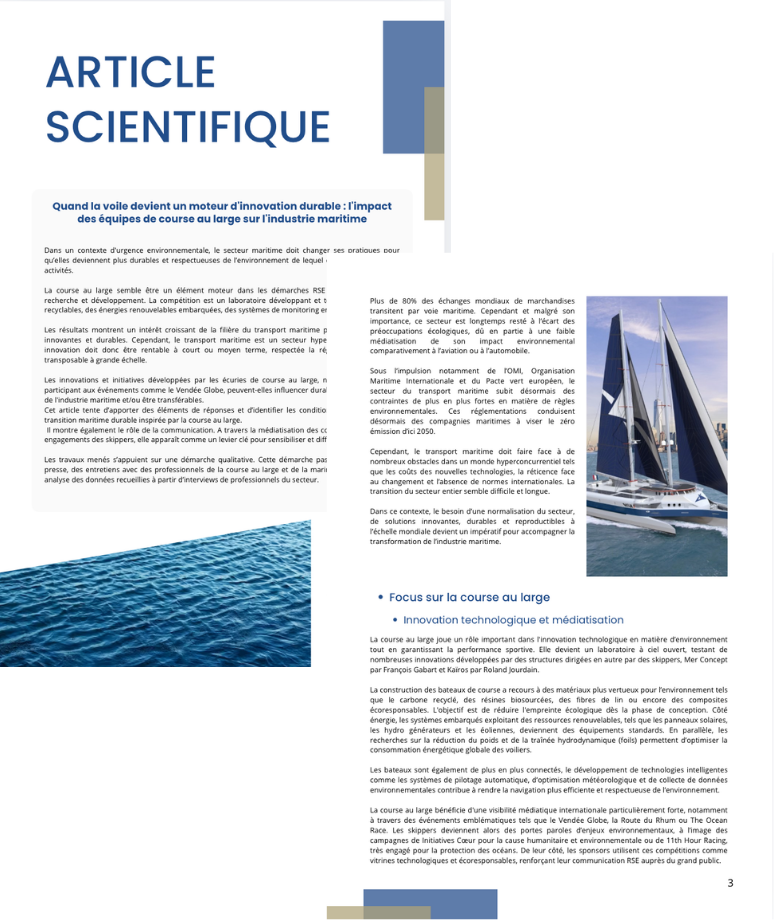 Page d’article scientifique en français sur l’innovation durable dans la course au large, avec photo d’un voilier de course et illustration de la mer.