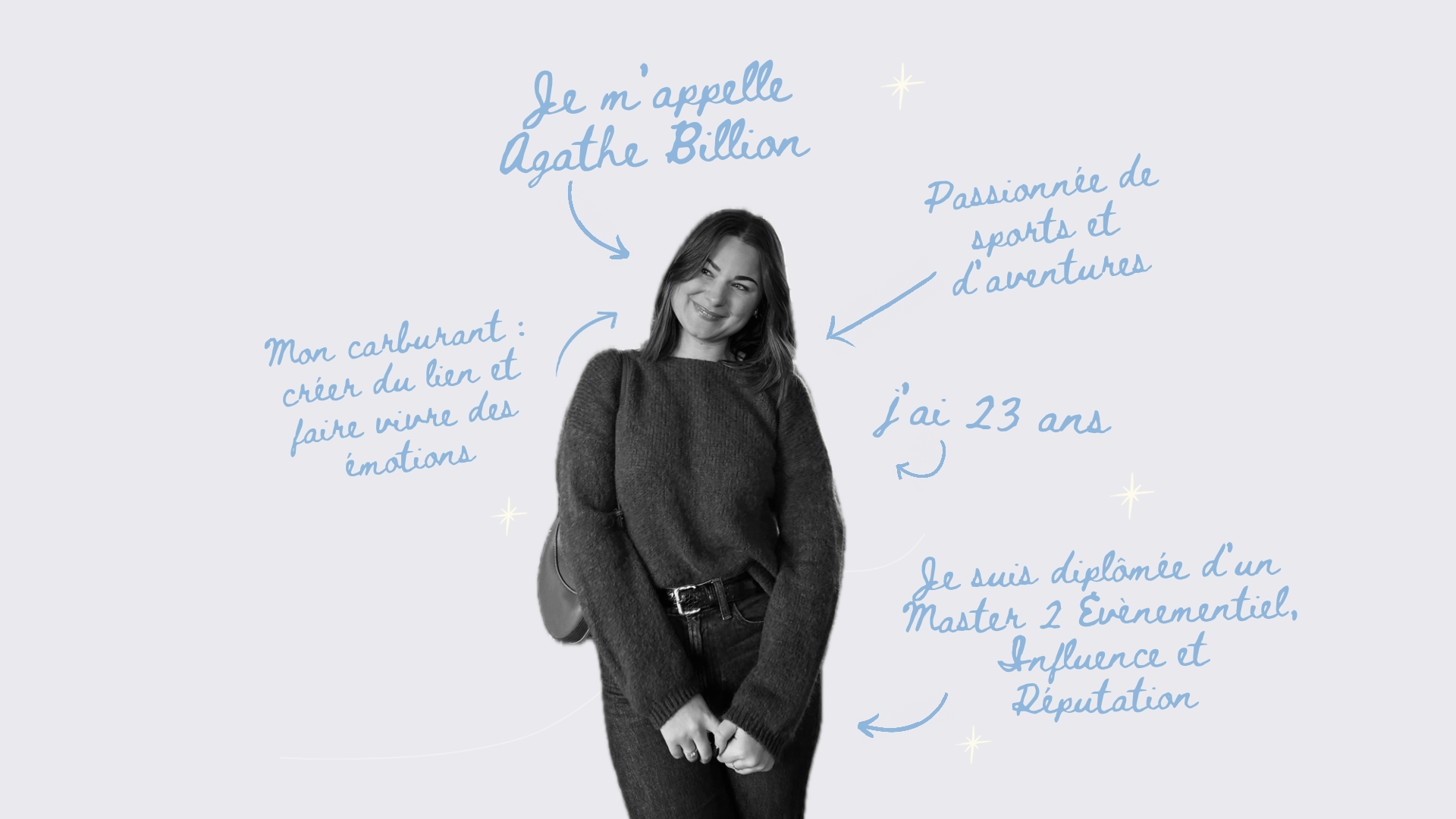 Portrait en noir et blanc d’Agathe Billion, 23 ans, passionnée de sports et d’aventures, diplômée d’un Master 2 Événementiel, Influence et Réputation.