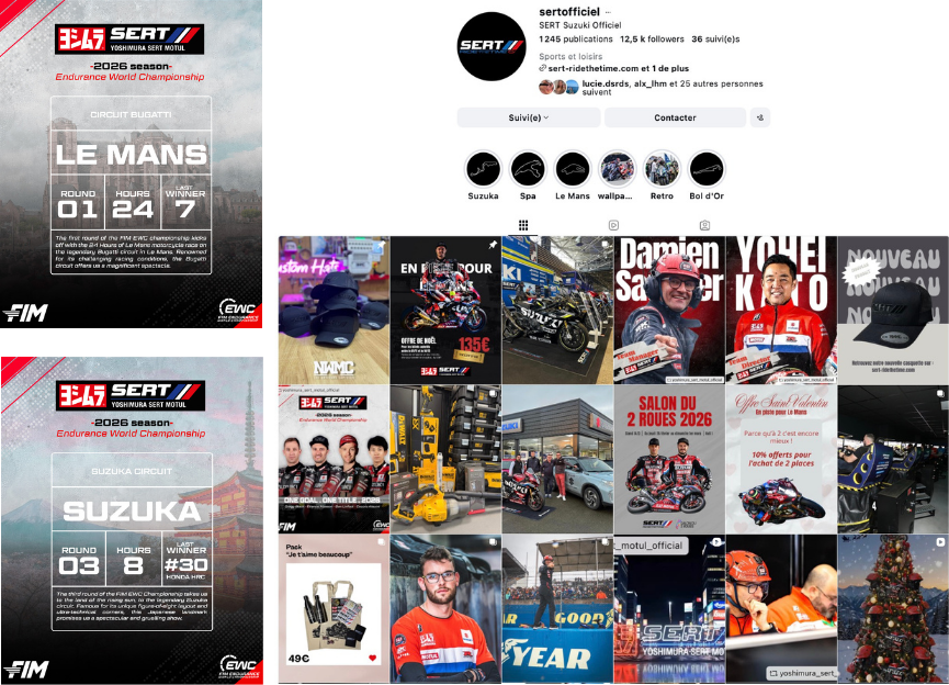 Capture d’écran du compte Instagram officiel SERT Yoshimura Suzuki, avec des publications sur le Championnat du monde d’endurance moto, les courses du Mans et de Suzuka, des pilotes, motos et événements.