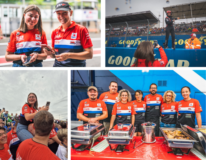 Collage de photos d’une équipe de course automobile en uniformes rouges lors d’un événement sur circuit, avec pilotes, fans, interview et buffet.