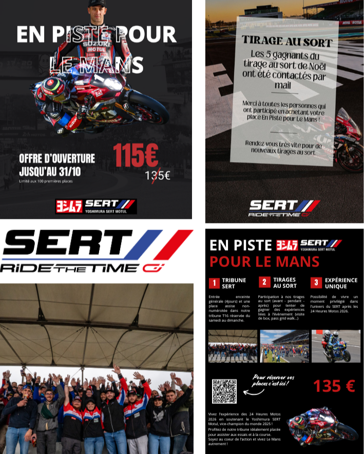Collage publicitaire de l’équipe SERT Yamaha au circuit du Mans, avec motards, supporters, offres de billets et tirage au sort en français.
