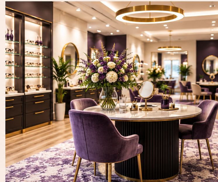 Elegant purple-and-gold eyewear boutique interior with display shelves, round marble table, velvet chairs, and a large floral centerpiece
