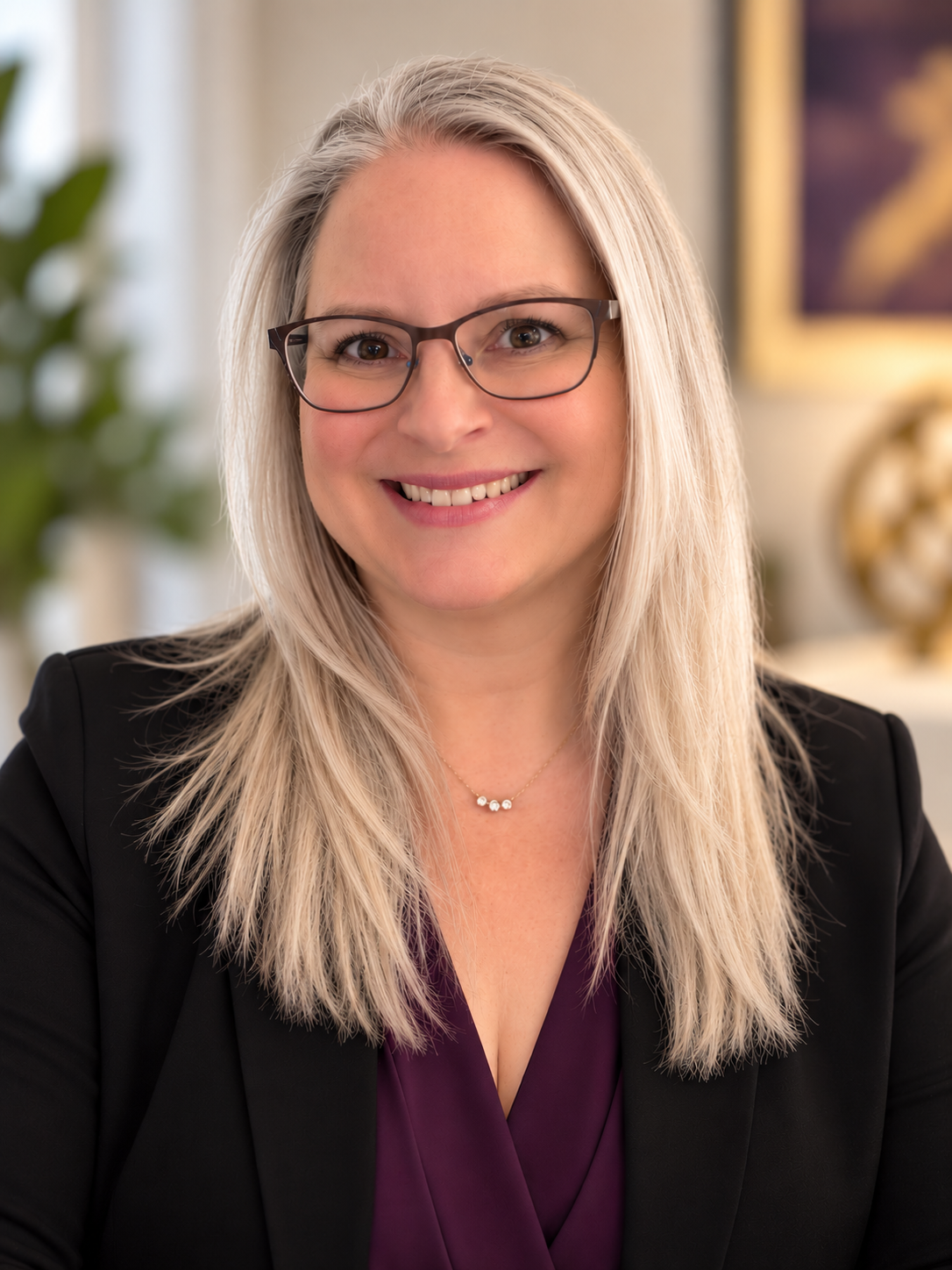 Professional headshot of a smiling blonde woman wearing glasses, a black blazer, and purple blouse