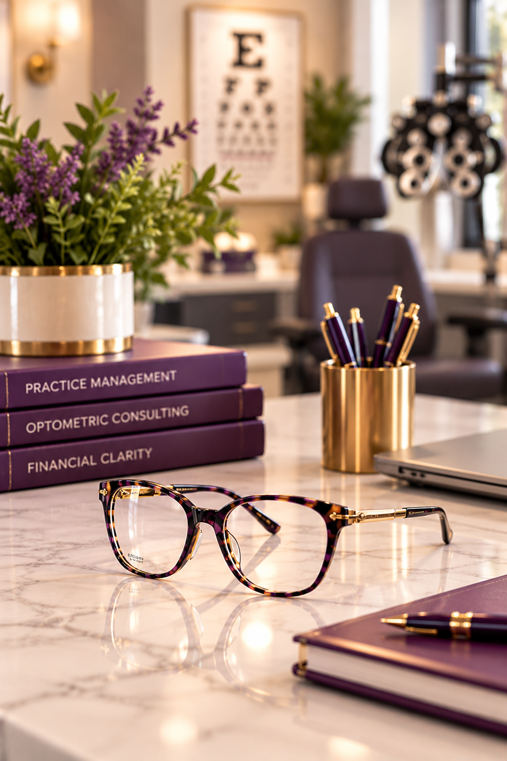 Eyeglasses on a marble desk in an elegant optometry office with books, pencils, plants, and an eye chart