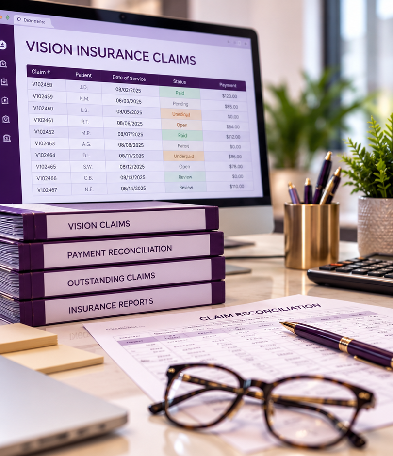 Vision insurance claims workspace with claims dashboard, reconciliation paperwork, labeled binders, eyeglasses, calculator, pen, and office supplies