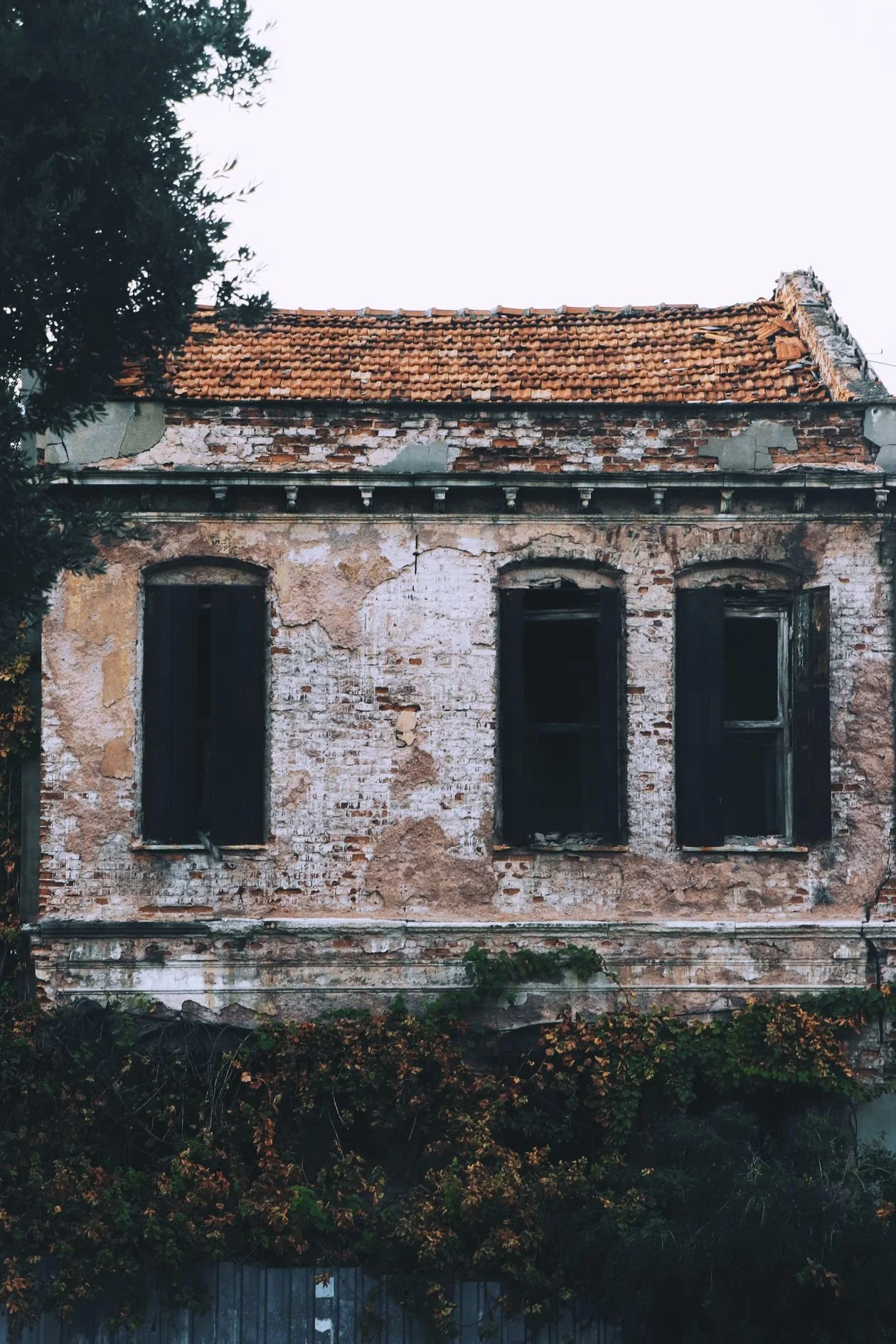 Crumbling abandoned house facade before renovation — peeling plaster, empty window openings, and overgrowth