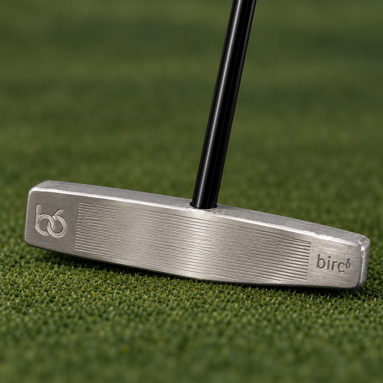 Close-up of a silver Birdie golf putter resting on artificial turf