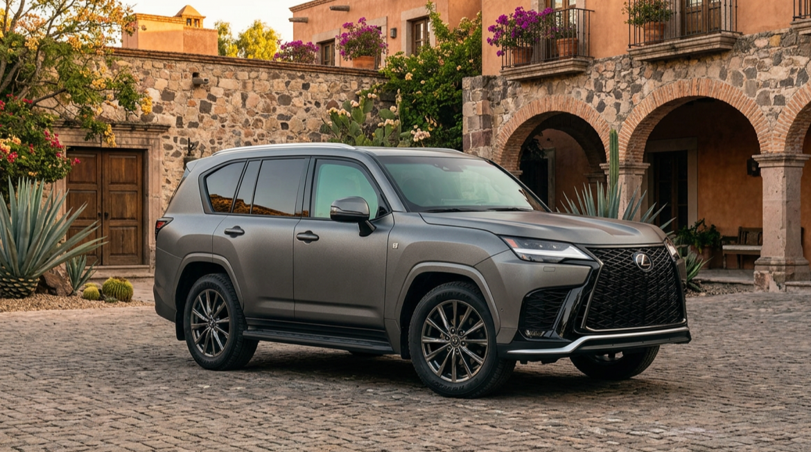 SUV Lexus gris estacionada frente a una hacienda colonial con arcos de piedra, bugambilias y agaves.